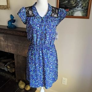 NEW Speechless Chiffon Fit & Flare Dress Collared Lace Panels Leopard Small 158